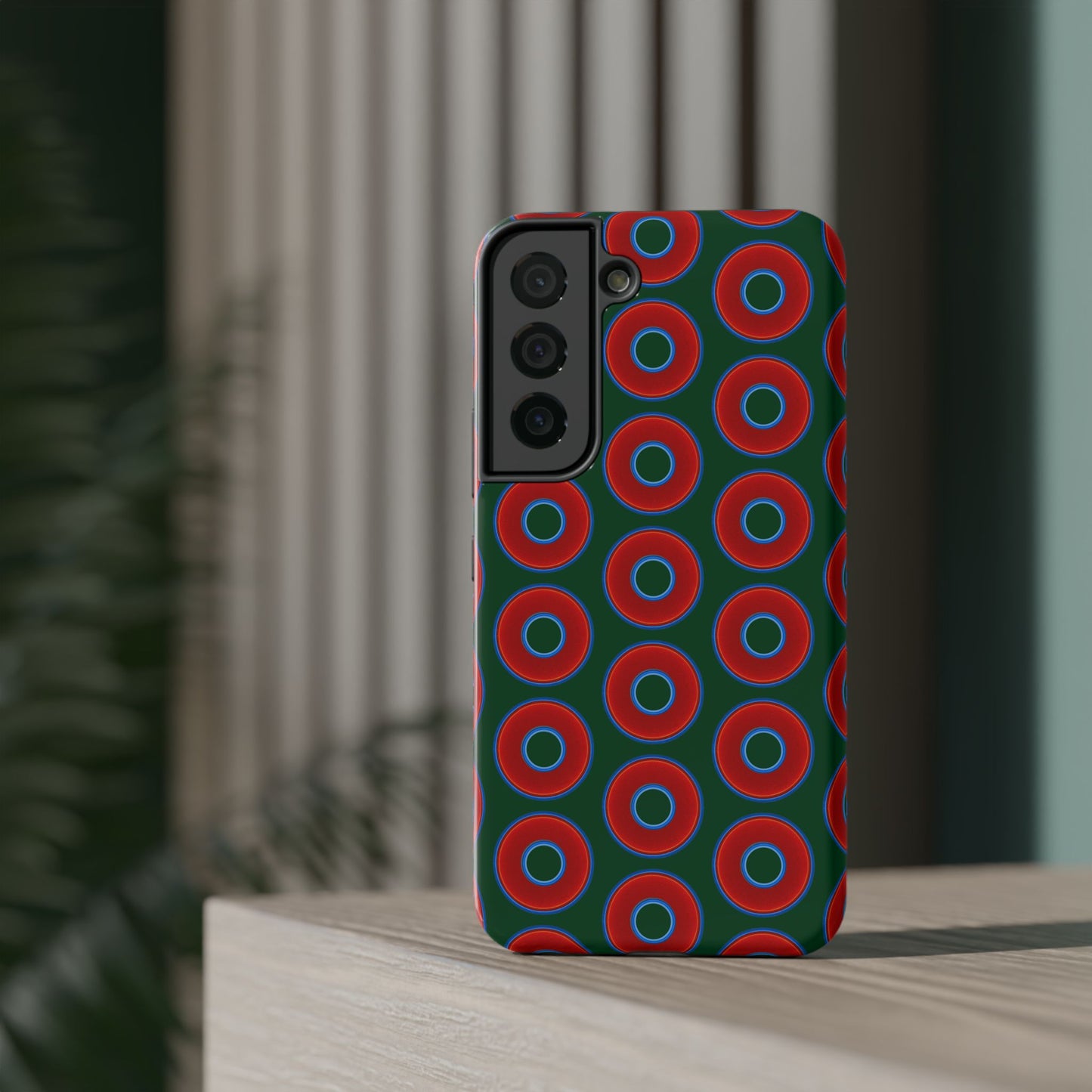 Impact-Resistant Lumpy Donut Case - red vivid donut print w/dark pond green background