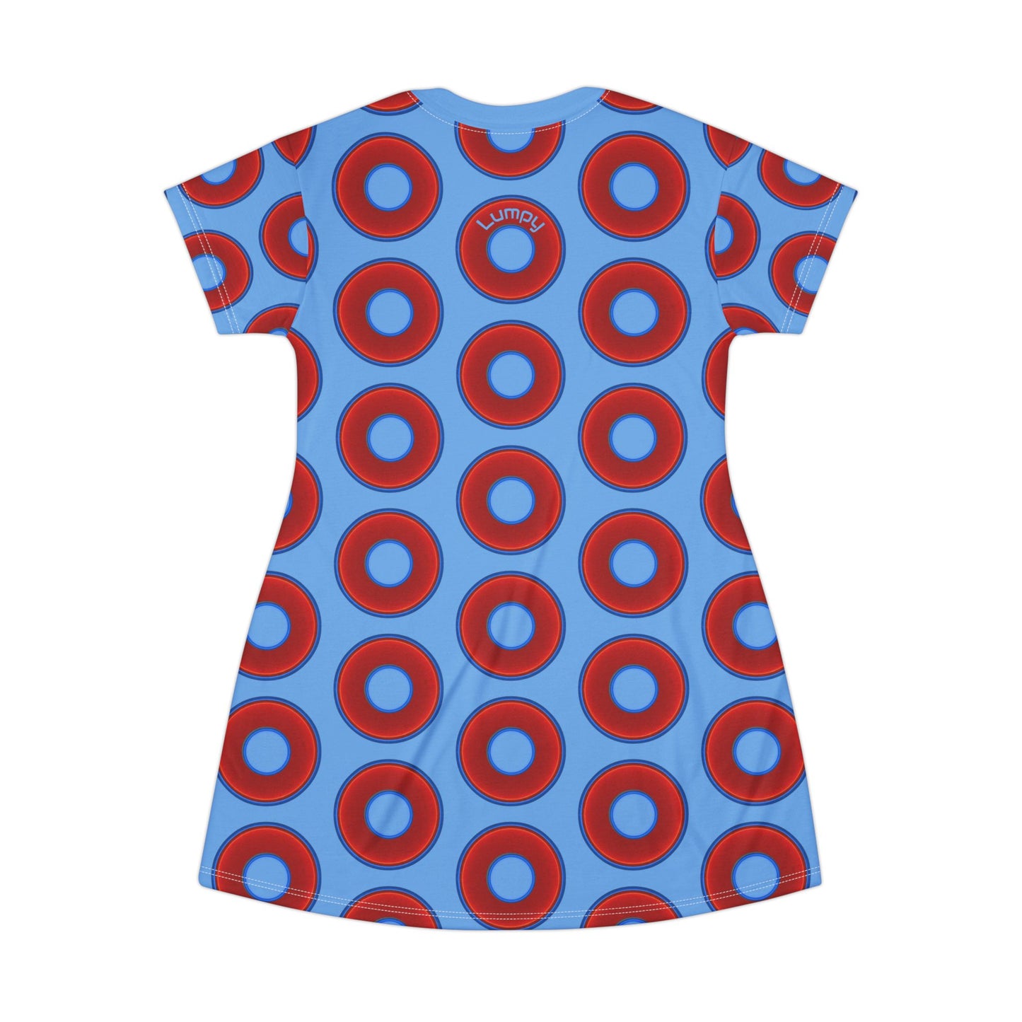 Not a Muumuu AOP Tee Shirt Dress - red vivid donuts w/light blue background