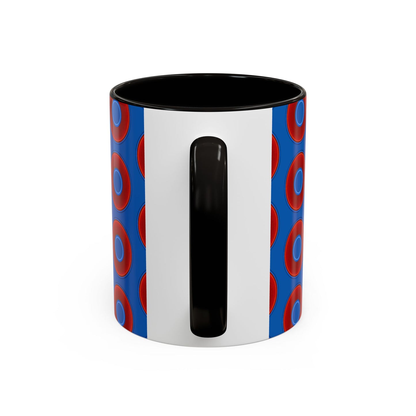 Lump's Grumpy Coffee Mug - vivid red donuts w/dark royal blue background