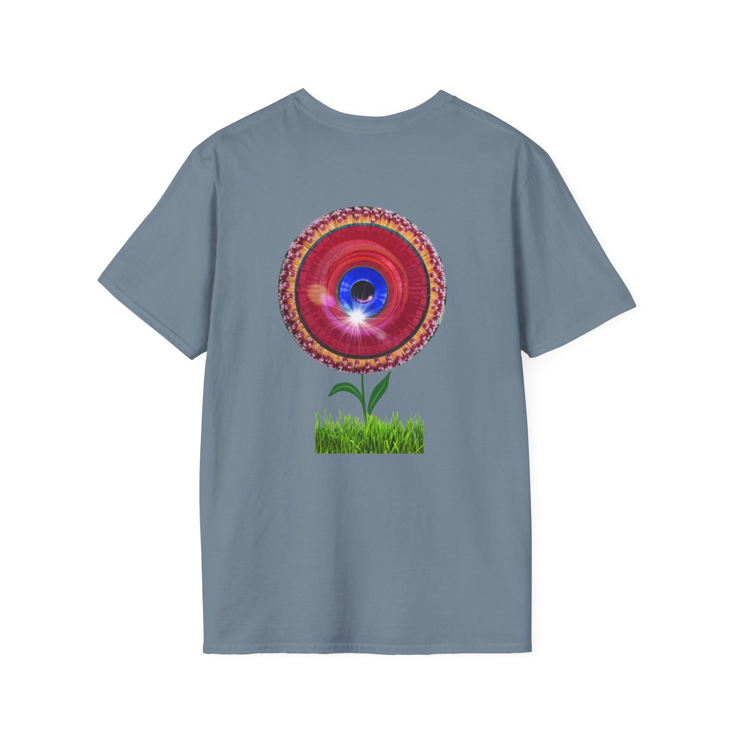 Classic Donut Tee - Unisex Soft-Style - "Smell the Donuts Outside on my Lawn"  " variant 1 - blue donut on red donut/flower
