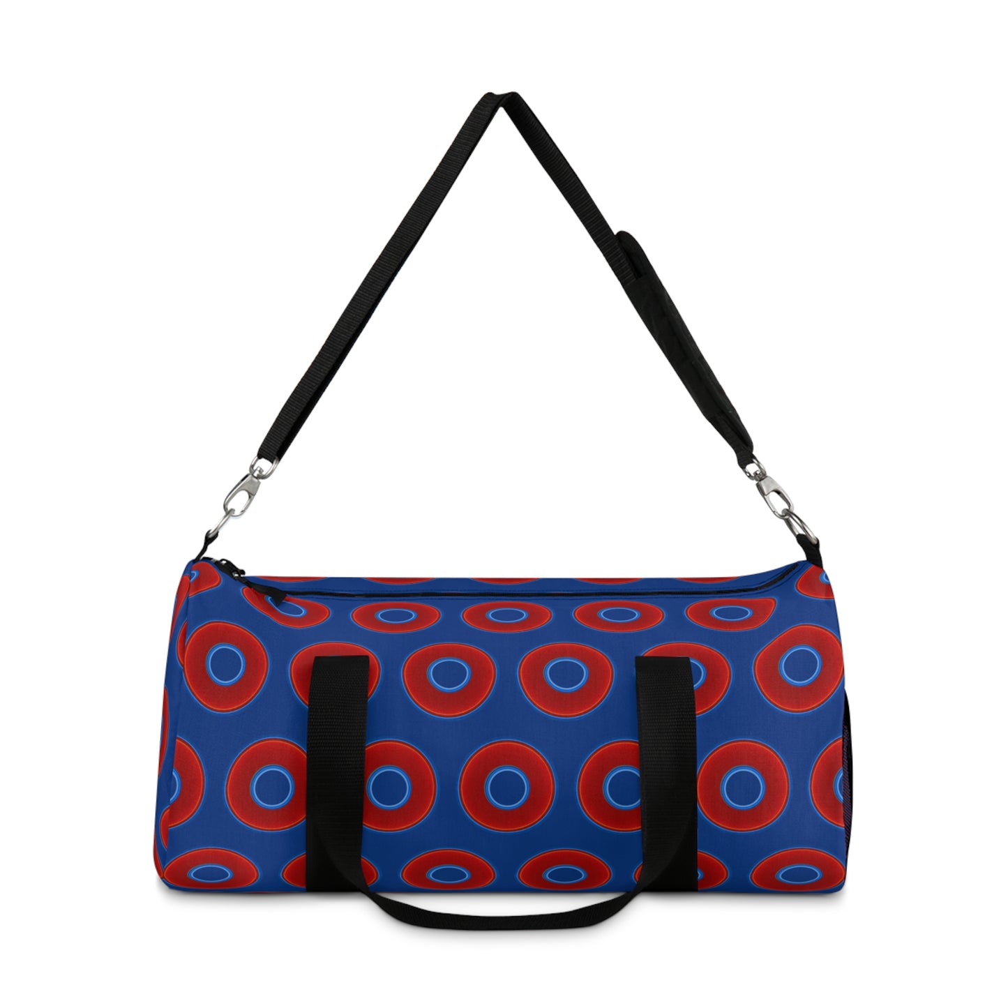 Lumpy Duffel - vivid red donuts w/dark blue background