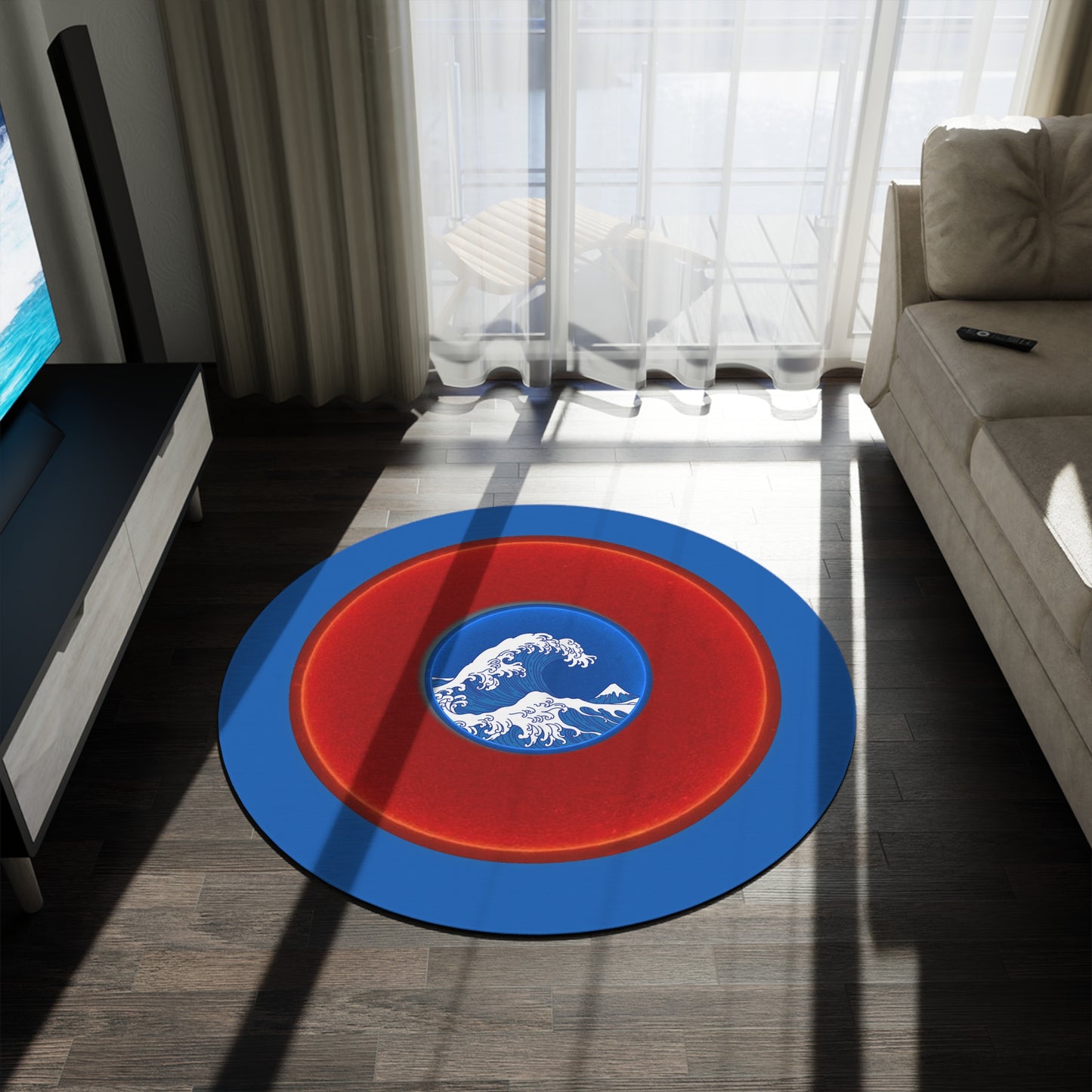Round Room - 5 ft x 5 ft Lumpy Donut Rug - "The Donut Rug so Wide" - vivid red donut w/dark royal blue background - variant 2