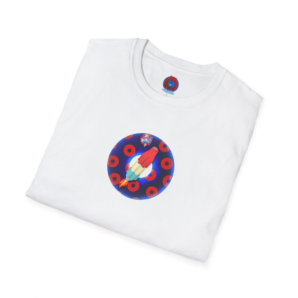 Classic Donut Tee - Unisex Soft-Style - "Blow this Popsicle Stand" - blue/red paradox bomb pop donut - variant 2