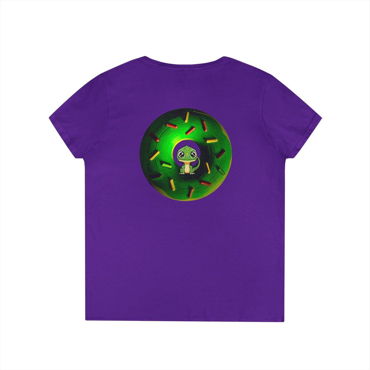 Women's Donut V-Neck Tee - "Little Baby Rutherford" - green cartoon donut w/sprinkles