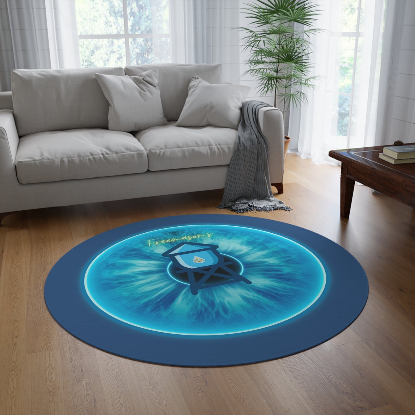 Round Room - 5 ft x 5 ft Lumpy Donut Rug - "The Peering Donut Rug of Opacity" - light blue idonut w/light navy background - variant 1