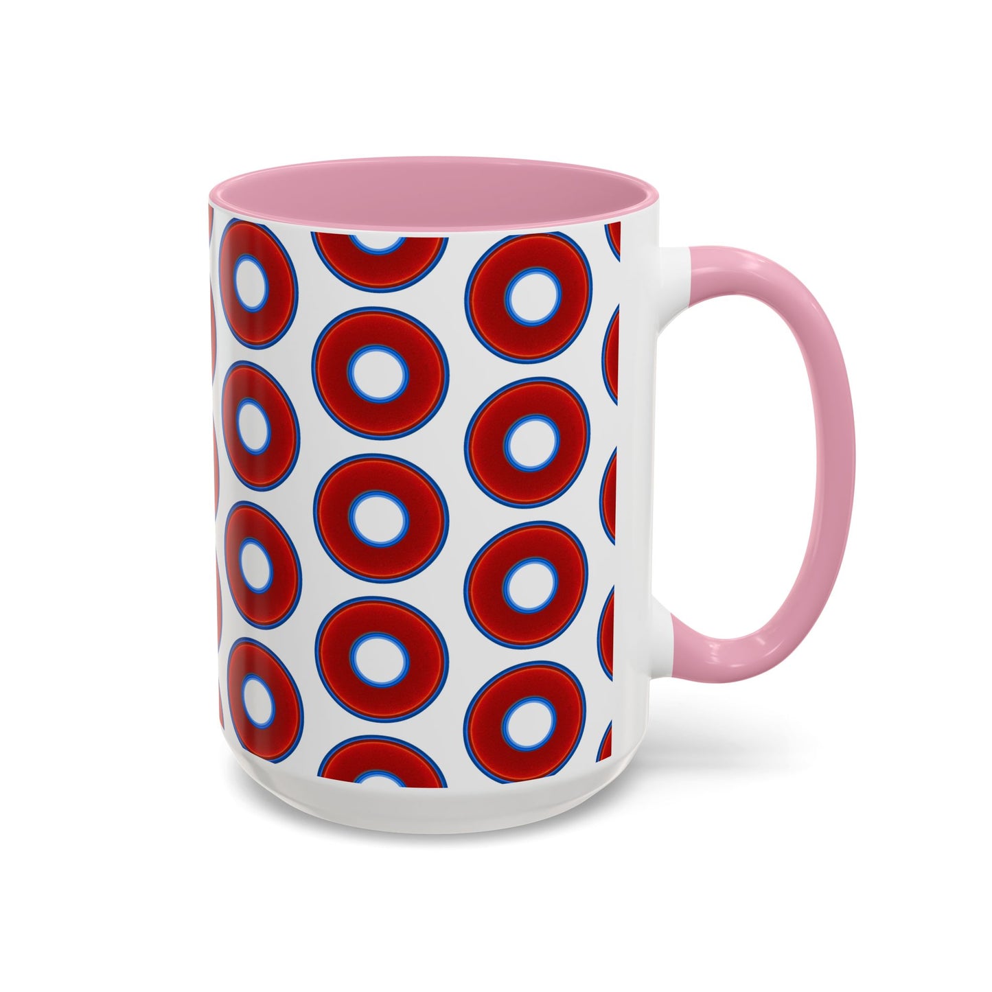 Lump's Grumpy Coffee Mug - vivid red donuts w/white background