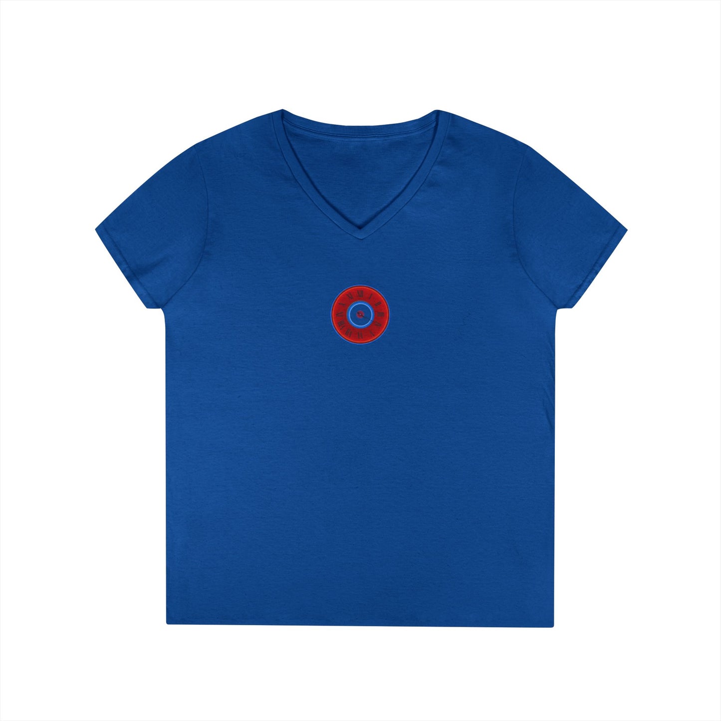 Women's Donut V-Neck Tee - "Time Treasurer's Donut Tee" - vivid red donut w/clock face
