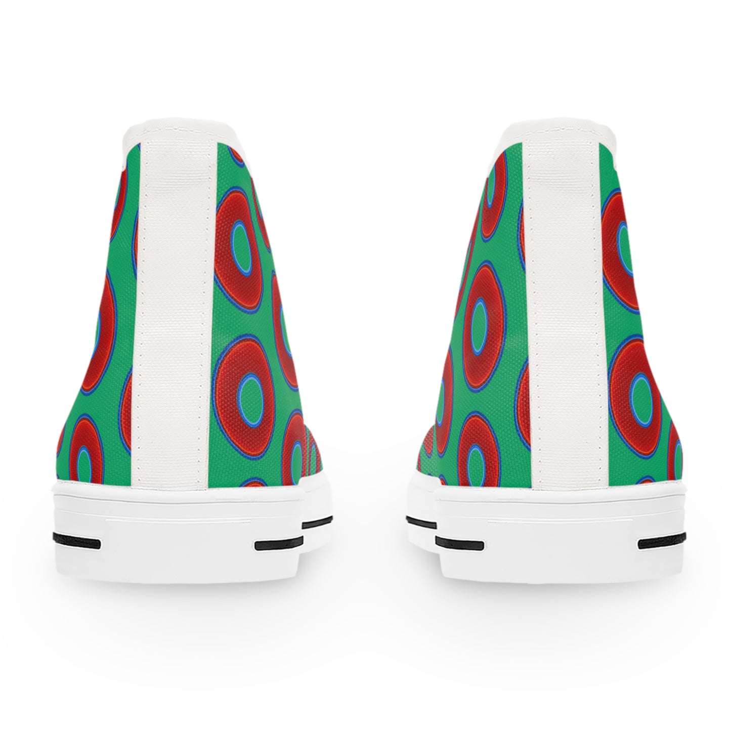 Women's High Top Chuck Taylors - large vivid red donut print w/jade green background