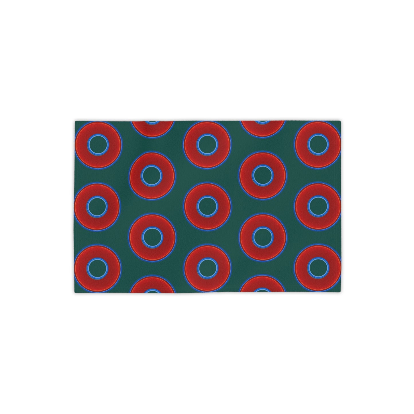 Lumpy Donut Towels - vivid red donuts w/dark Fenway green background