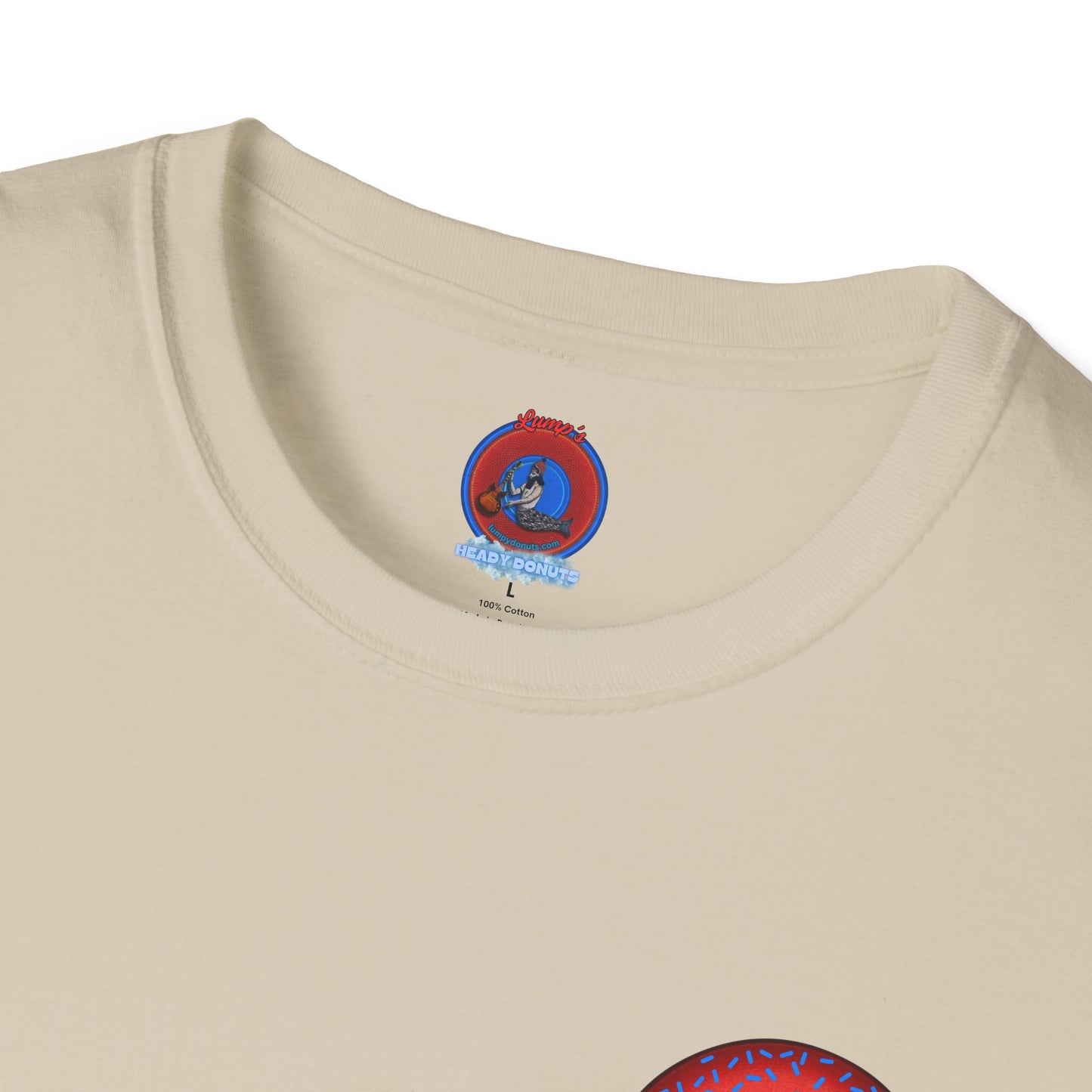 Classic Donut Tee - Unisex Soft-Style - "Plain Plump Donut w/" - plump red donut w/blue sprinkles