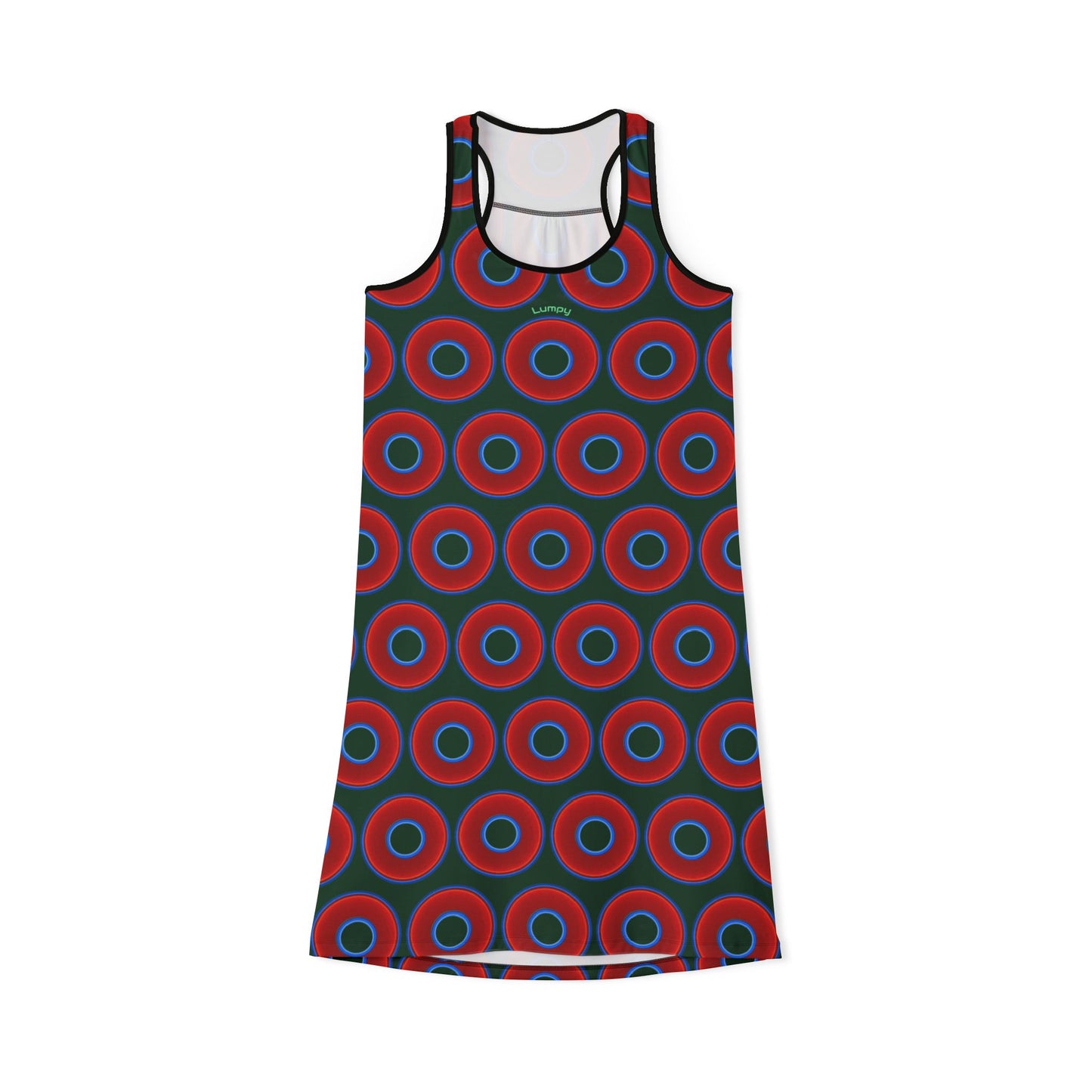 Tela's Lumpy Racerback Donut Dress - red vivid donut print w/deep pond green background