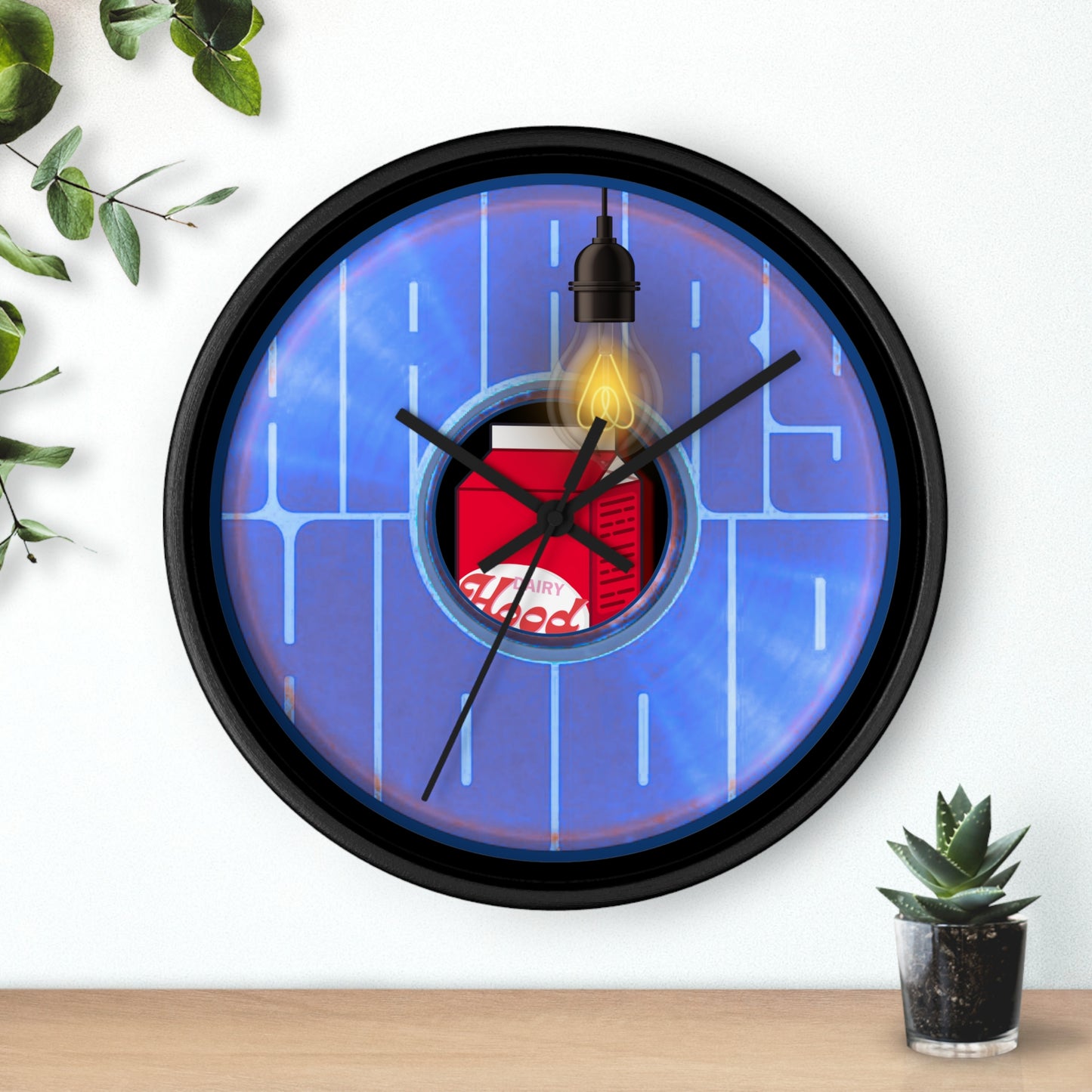 Lumpy Wall Clock - "Harry's Unofficial Donut Clock" - variant 4 - vivid blue/purple word donut w/black background