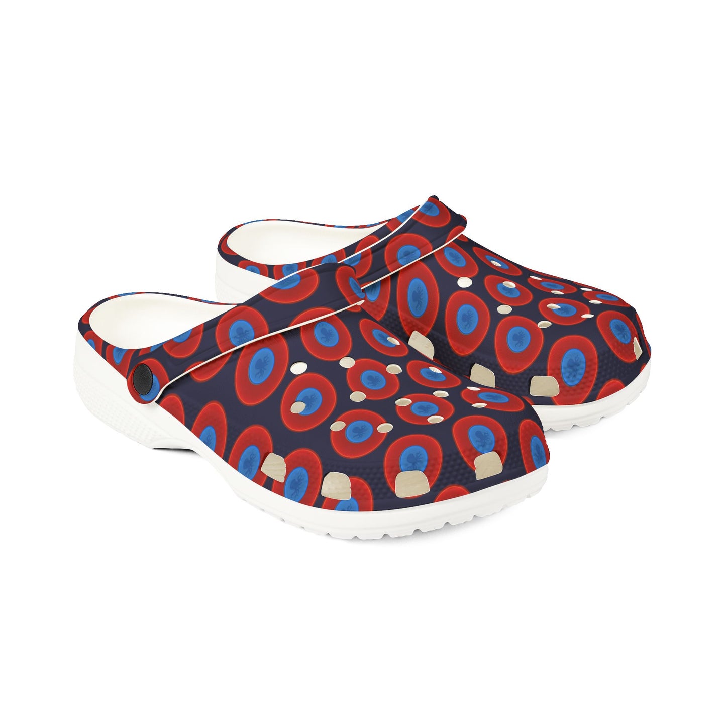Spatchcocks - donut slip-on shoes - "Roger Moore's Octopussy Donut" - red vivid donuts w/midnight blue background [unisex]