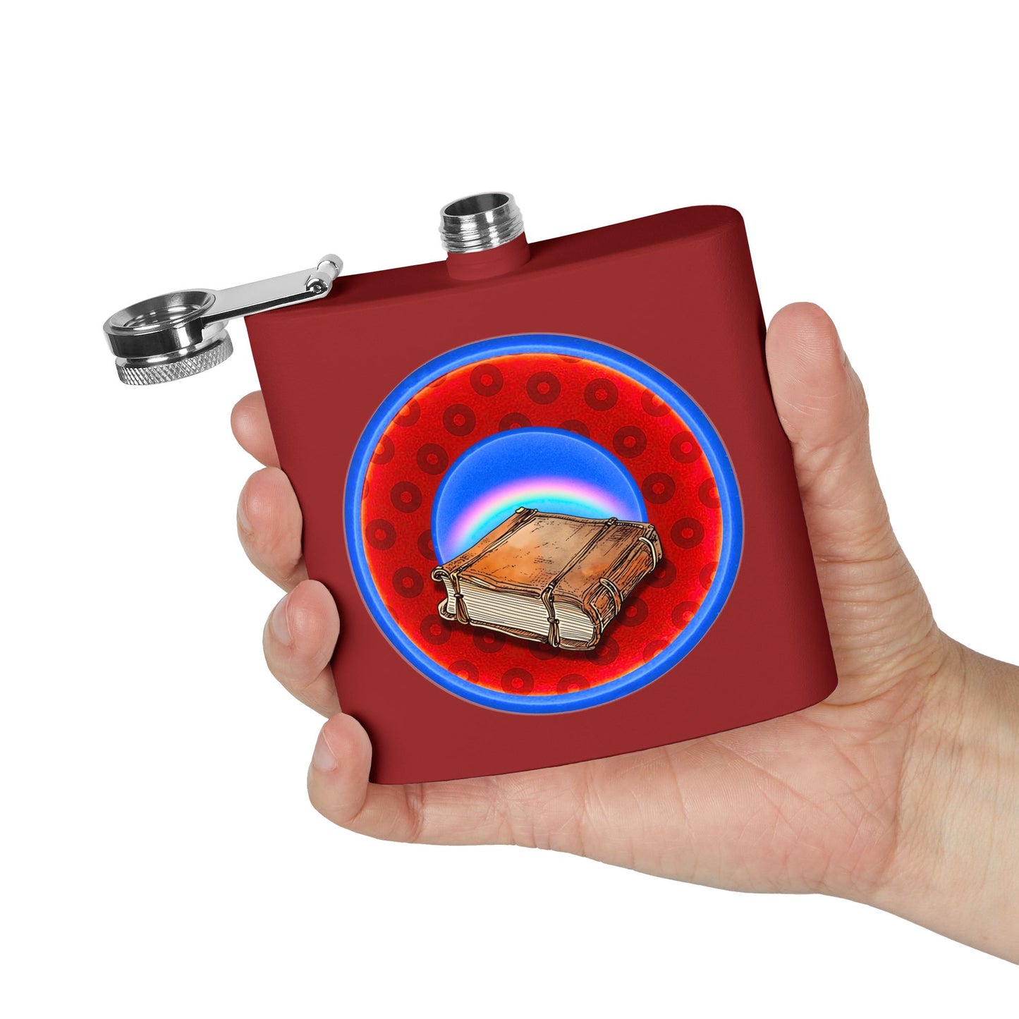Lump's Donut Flask 6 oz -  "Helping Phriendly Flask" - red/blue widemouthed paradox donut - [*w/your choice of 6 backgrounds]