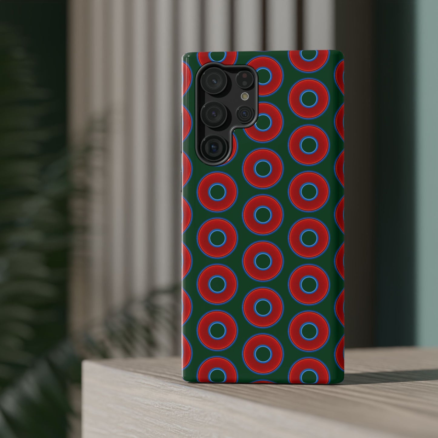 Impact-Resistant Lumpy Donut Case - red vivid donut print w/dark pond green background