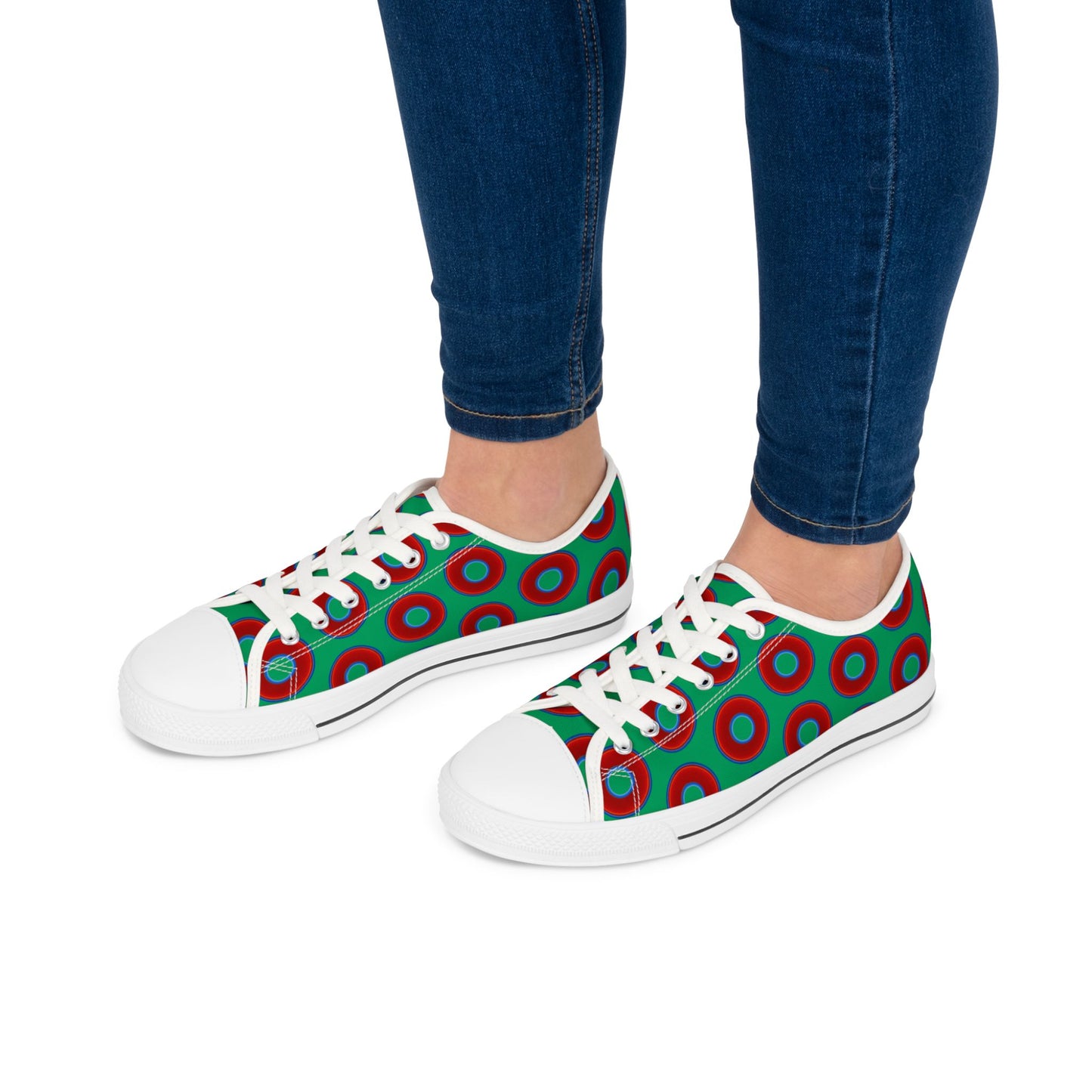 Women's - Low Top Chuck Taylors - large vivid red donut print w/jade green background