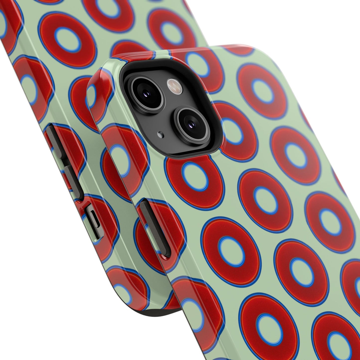 Impact-Resistant Lumpy Donut Case - red vivid donut print w/seafoam green background