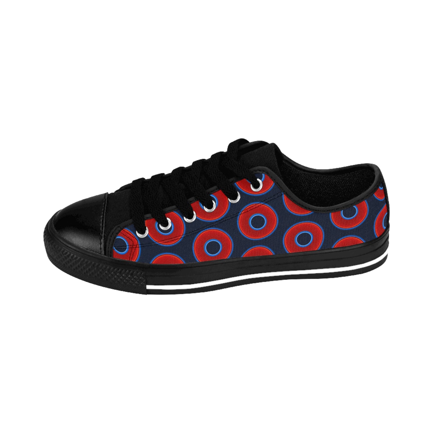 Women's Cushiony Convectors - Low Top - large red vivid donut print w/dark teal elite blue background