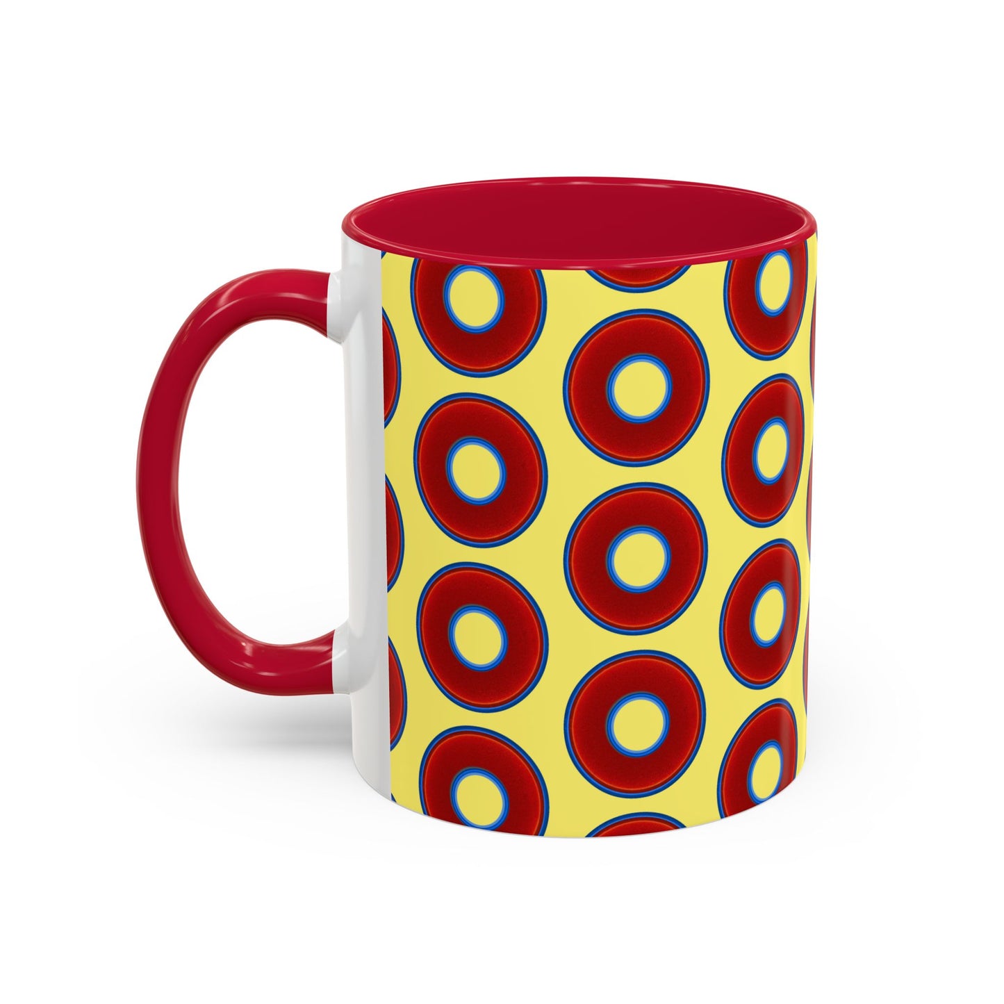 Lump's Grumpy Coffee Mug - vivid red donuts w/yellow background