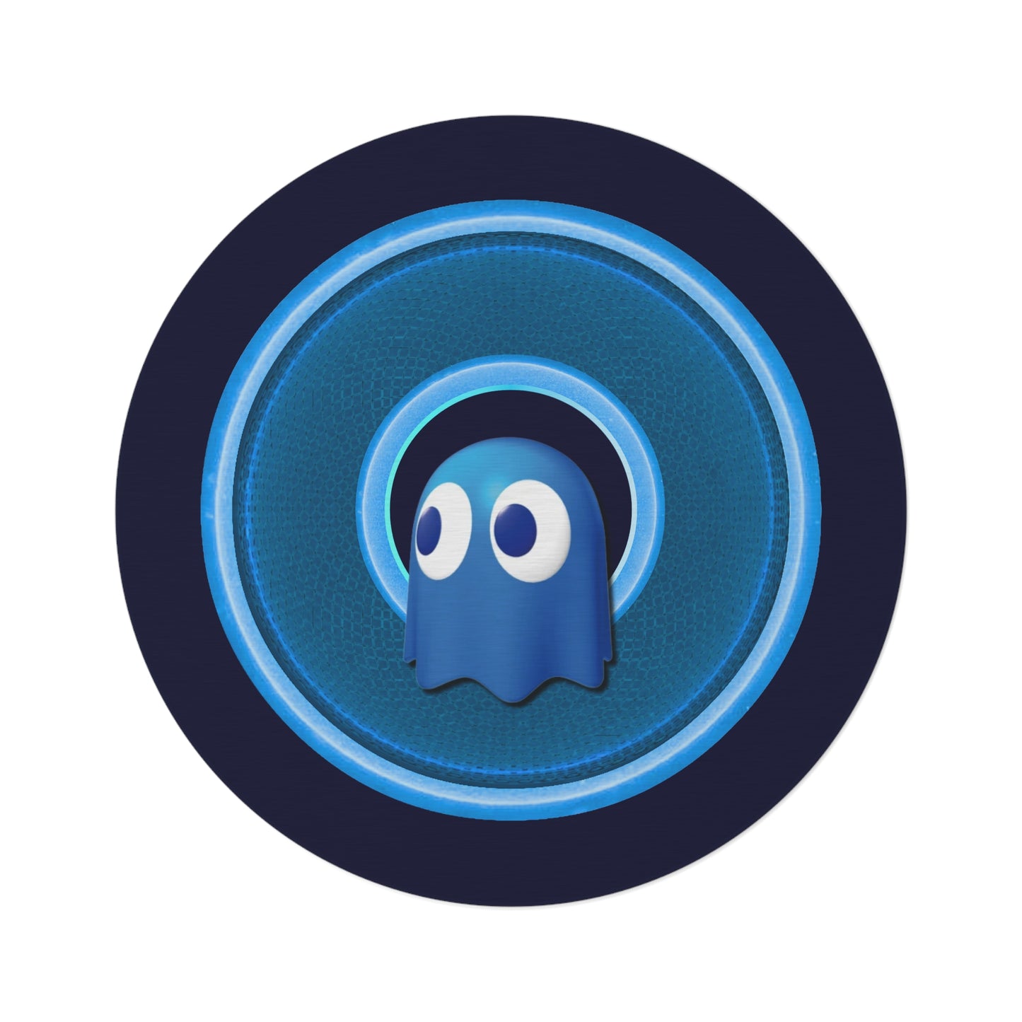 Round Room - 5 ft x 5 ft Lumpy Donut Rug - "The Story of the Ghostly Donut Rug" - rustic blue/light blue donut w/dark navy background - variant 2