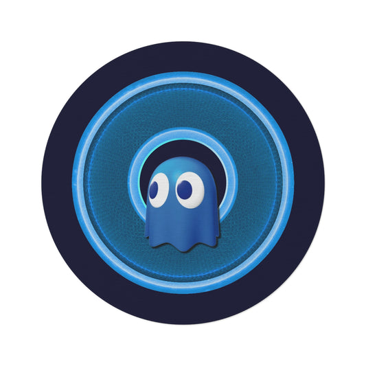 Round Room - 5 ft x 5 ft Lumpy Donut Rug - "The Story of the Ghostly Donut Rug" - rustic blue/light blue donut w/dark navy background - variant 2