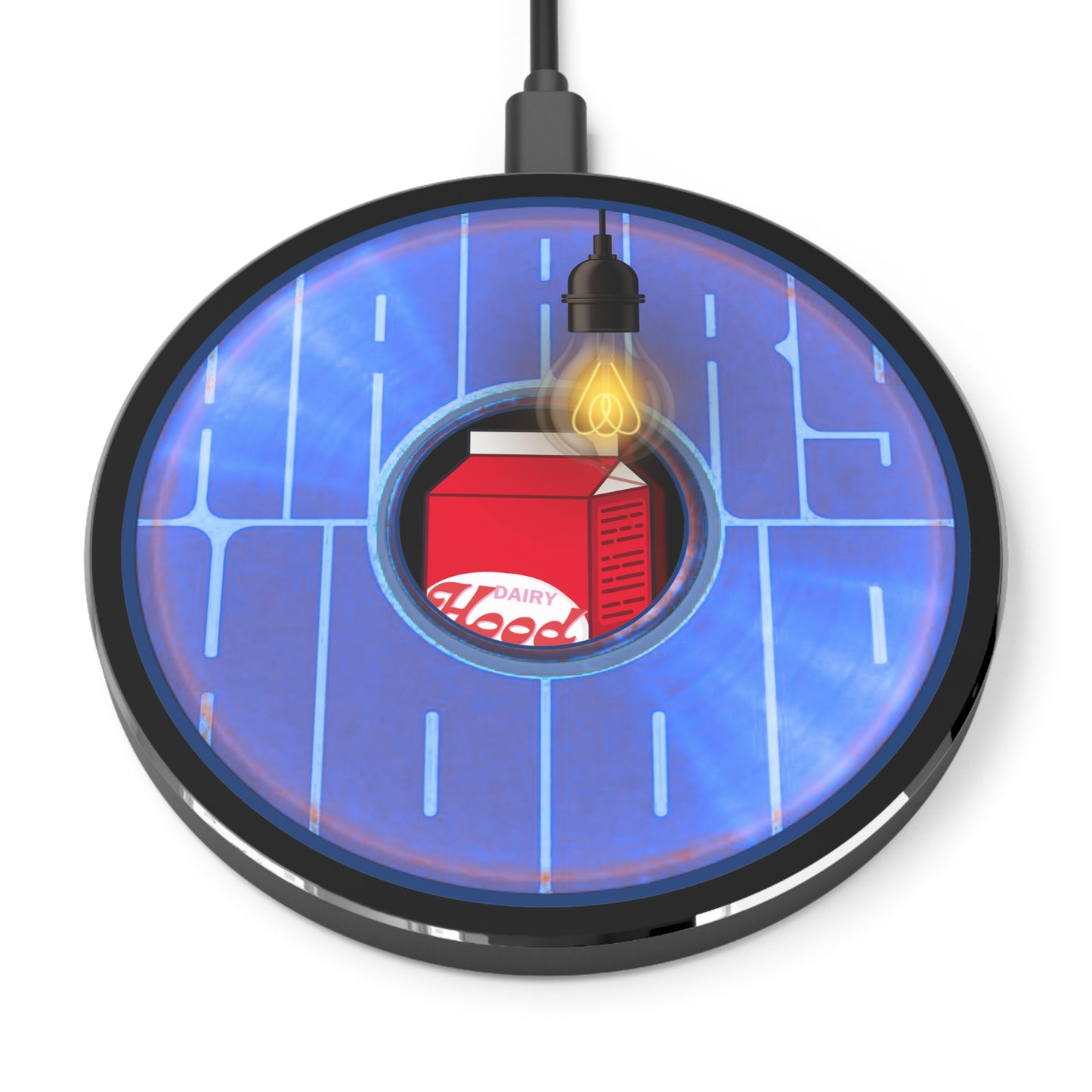 The Flow - Wireless Lumpy Donut Chargers - "Harry's Preferred Donut" - vivid blue/violet word donut w/black background - variant 4