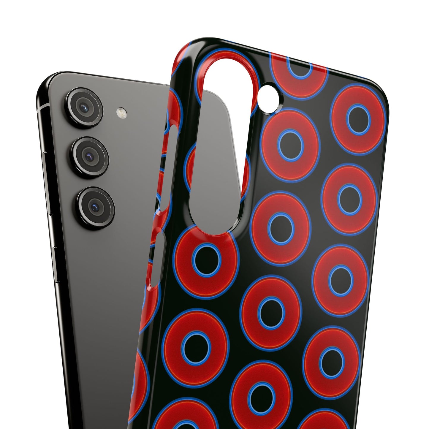 Lumpy Donut Snap Case - red vivid donut print w/midnight moss green background