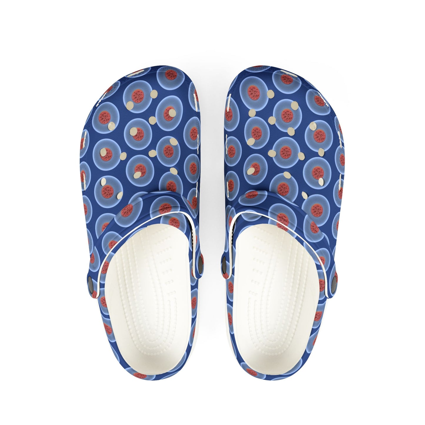 Spatchcocks - donut slip-on shoes - "The Donut Swimming By" - variant 1 - light blue phatty donuts w/dark blue background background [unisex]