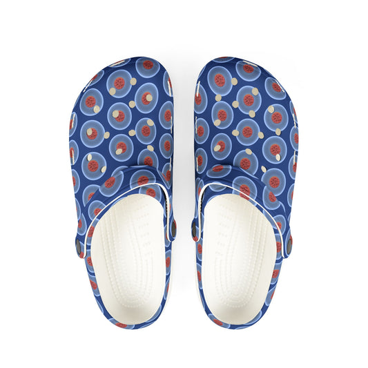 Spatchcocks - donut slip-on shoes - "The Donut Swimming By" - variant 1 - light blue phatty donuts w/dark blue background background [unisex]