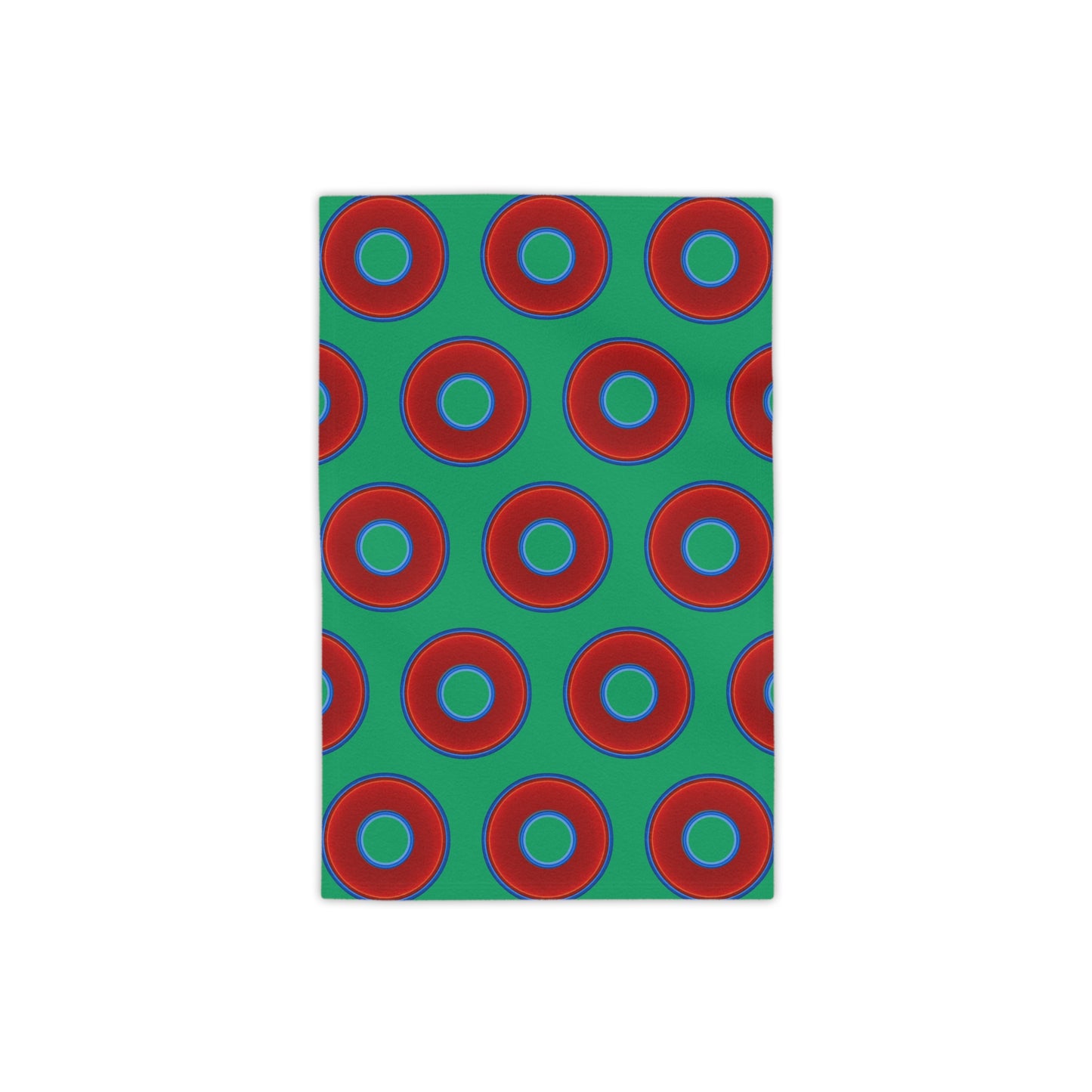 Lumpy Donut Towels - vivid red donuts w/jade green background