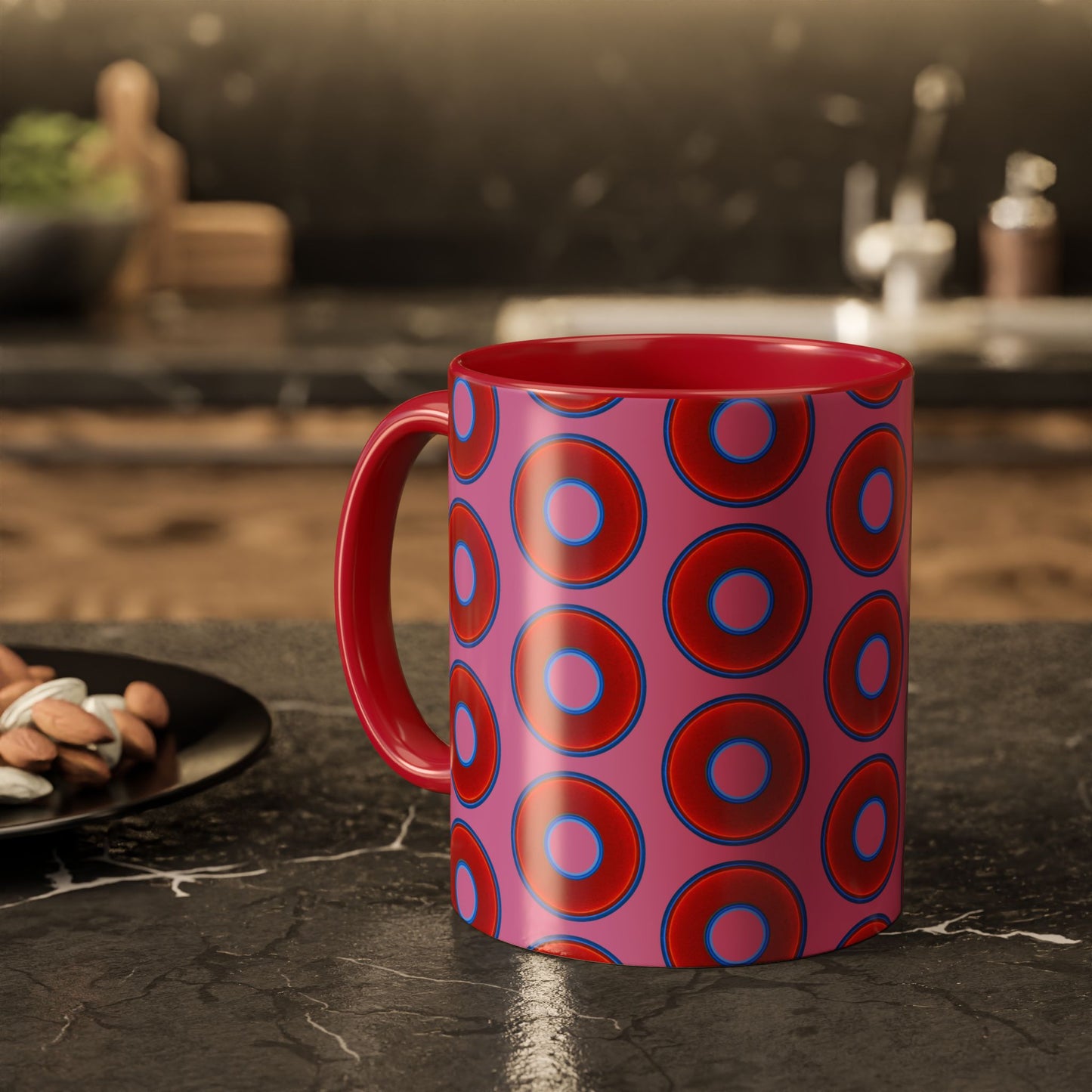 Lump's Grumpy Coffee Mug - vivid red donuts w/pink background