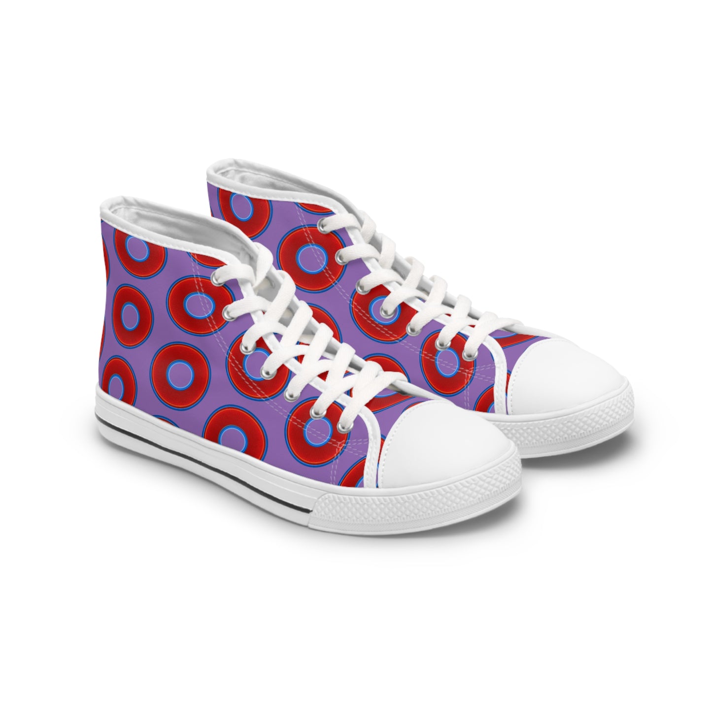 Women's High Top Chuck Taylors - large vivid red donut print w/light purple background