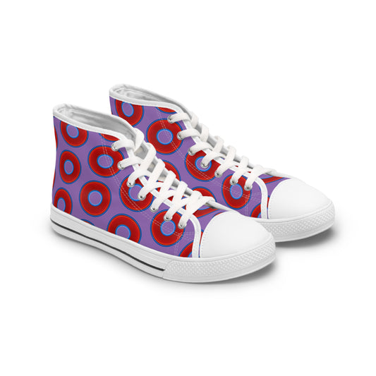 Women's High Top Chuck Taylors - large vivid red donut print w/light purple background