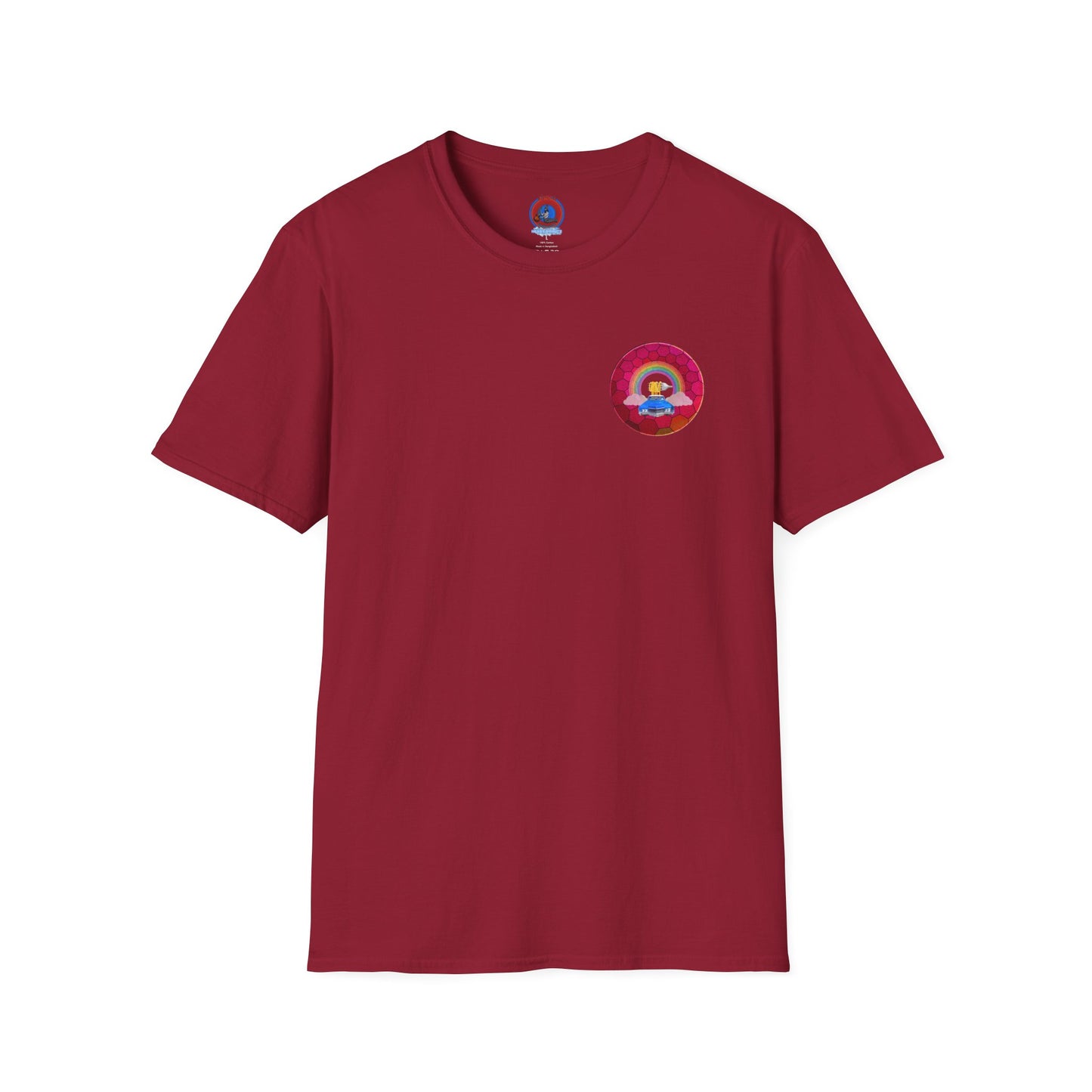 Classic Donut Tee - Unisex Soft-Style - "Cadillac Rainbows Donut Tee " - variant 2 - magenta hexadonut w/blue caddy