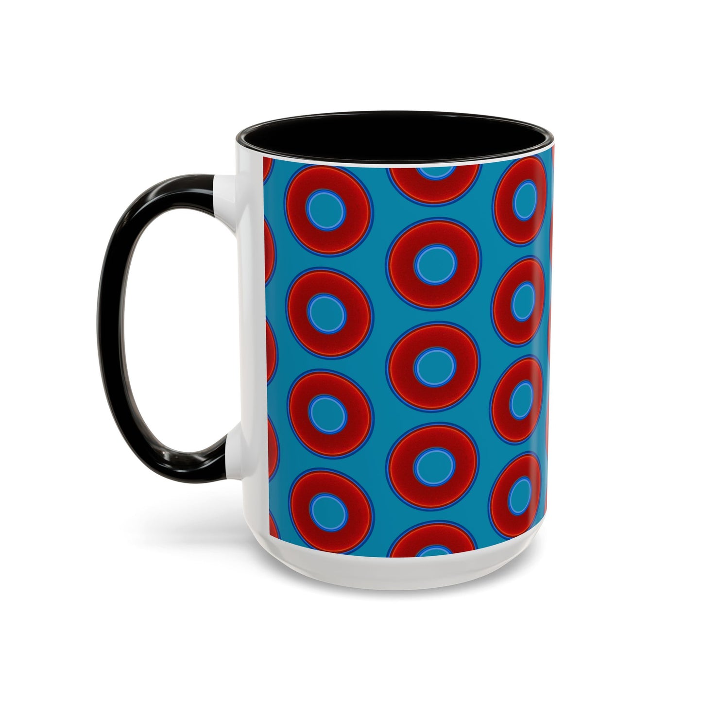 Lump's Grumpy Coffee Mug - vivid red donuts w/aquamarine blue background