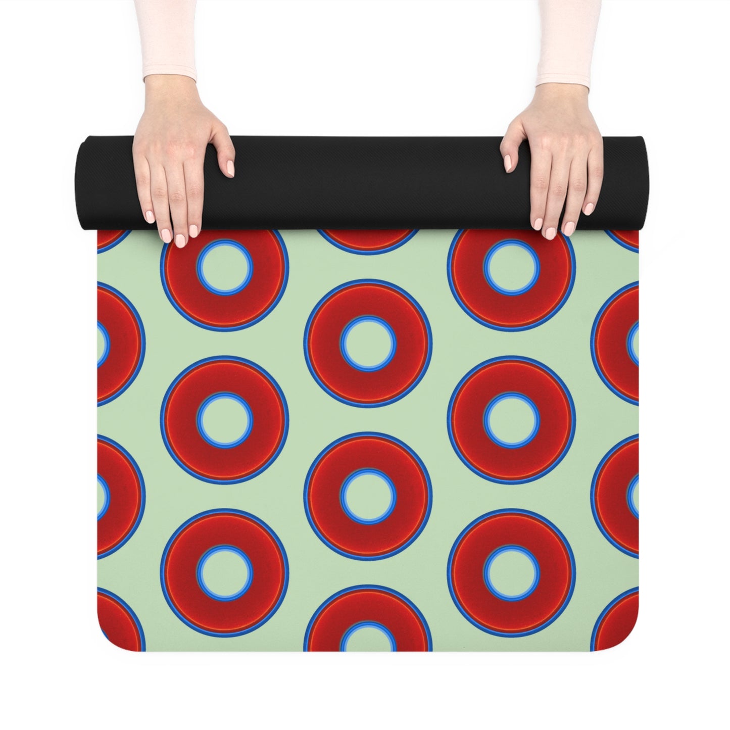 Lumpy Donut Yoga Mat :) - 24″ x 70" - vivid red donut print w/seafoam green background