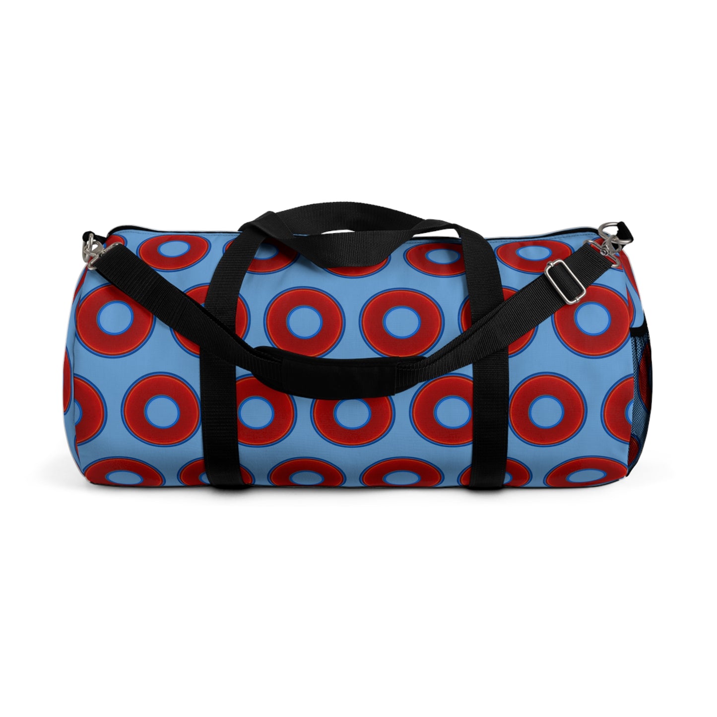 Lumpy Duffel - vivid red donuts w/light blue background