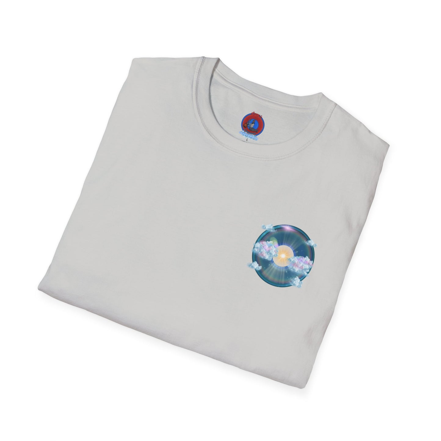 Classic Donut Tee - Unisex Soft-Style - "The Divided Donut" - variant 2 - blue donut  w/hole & sun [*50% to The Divided Sky Foundation]