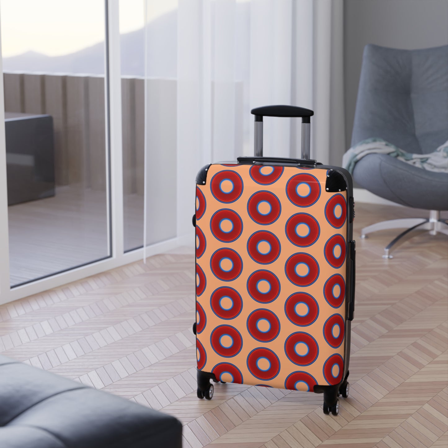 The Very Lumpy Donut Suitcase series - your choice of S, M or L - vivid red donut print w/peach background