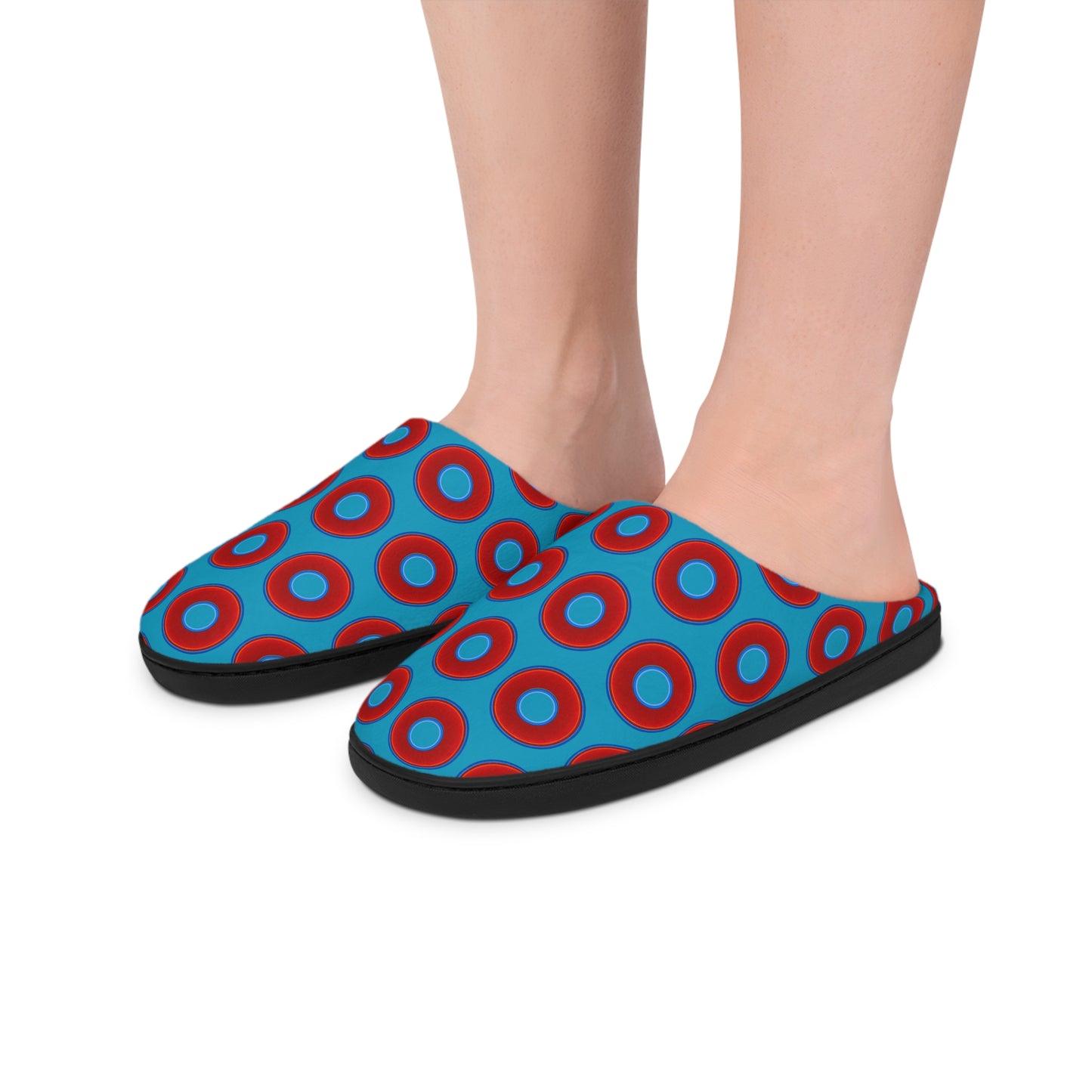 Men's Lumpy Slippers - red vivid donut print w/aquamarine blue background