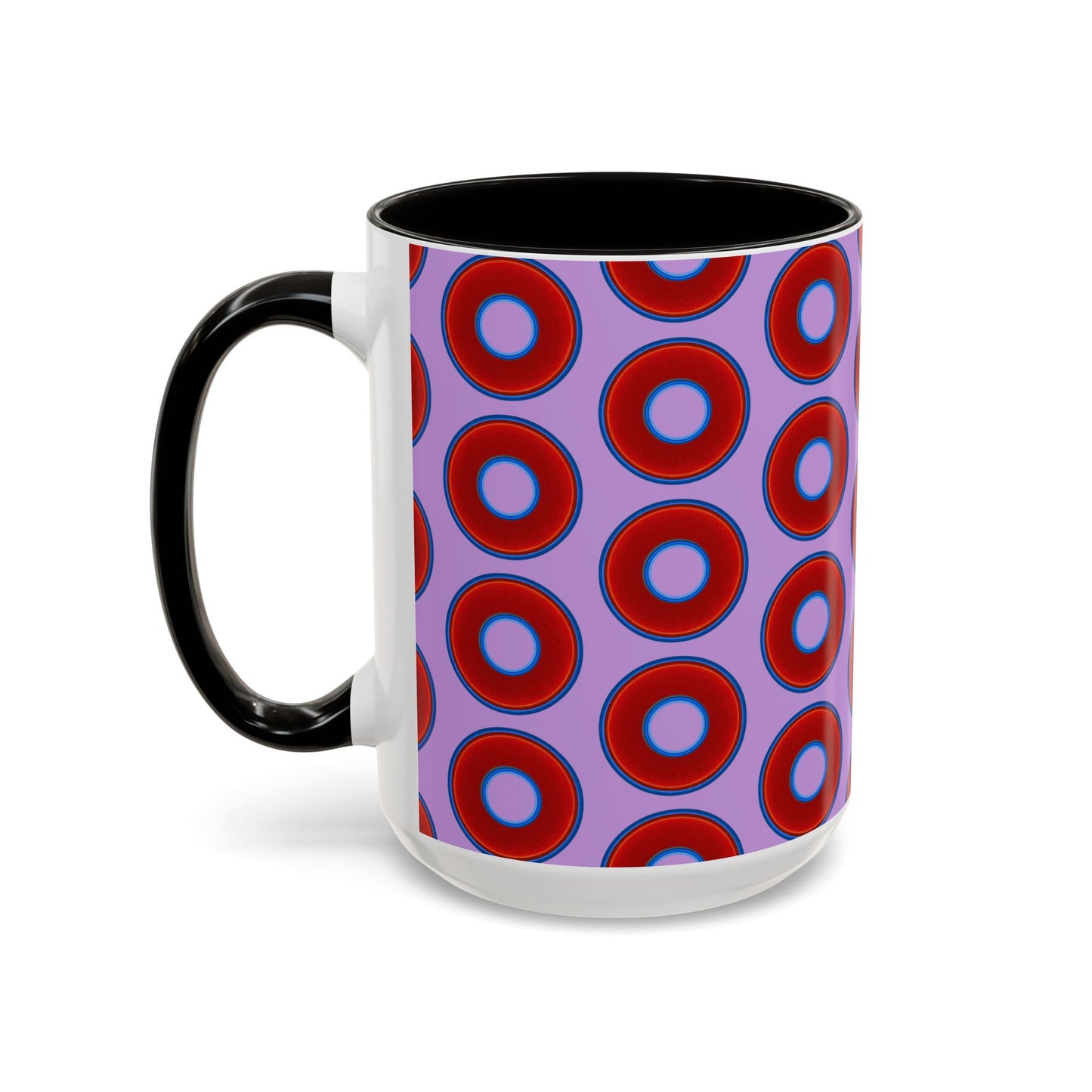 Lump's Grumpy Coffee Mug - vivid red donuts w/wisteria purple background