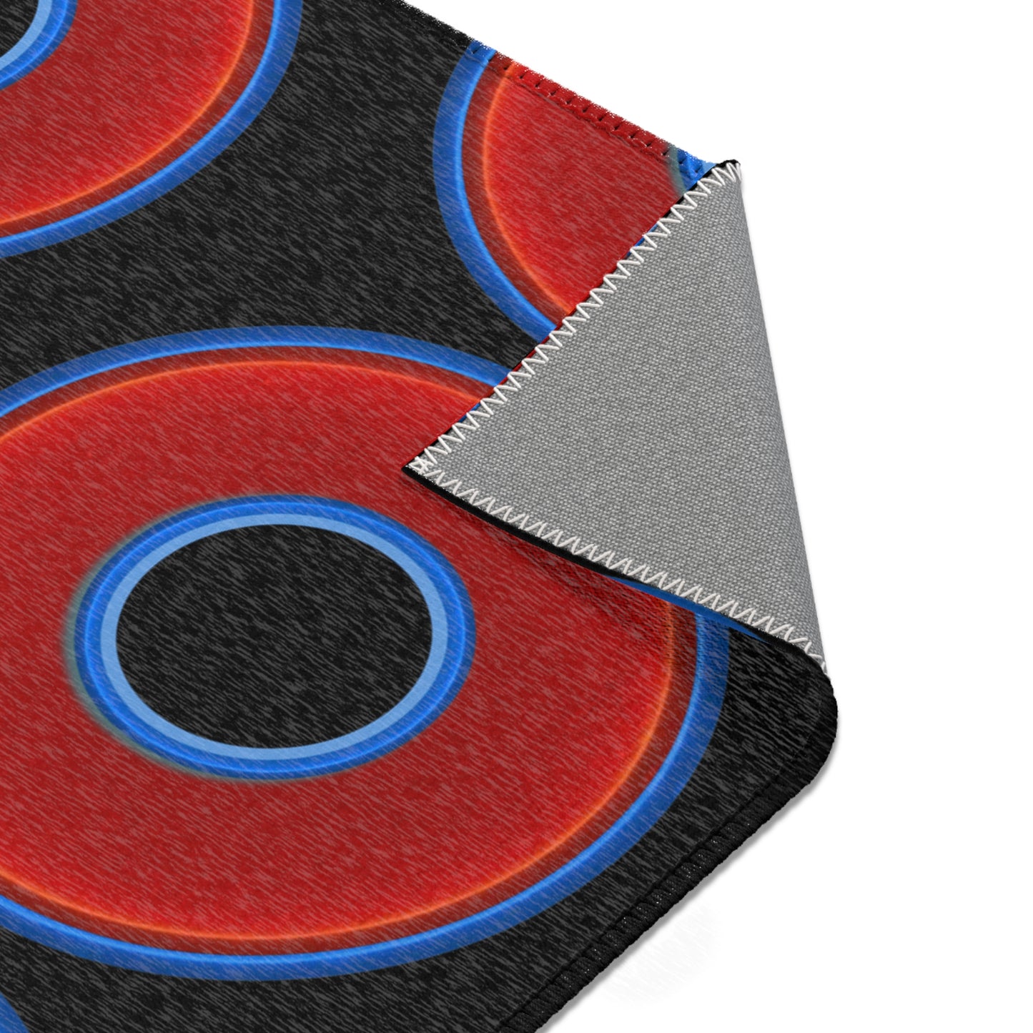 Lumpy Donut Print Rug - choice of 3 sizes - vivid red donut print w/black background