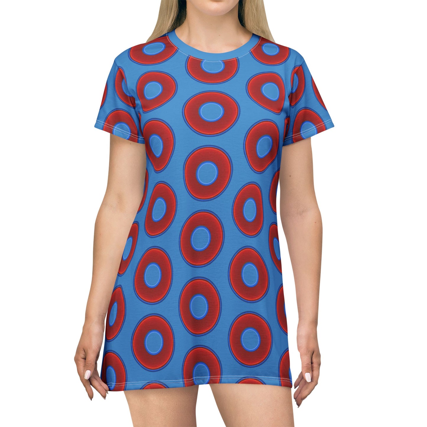 Not a Muumuu AOP Tee Shirt Dress - red vivid donuts w/light steel blue background