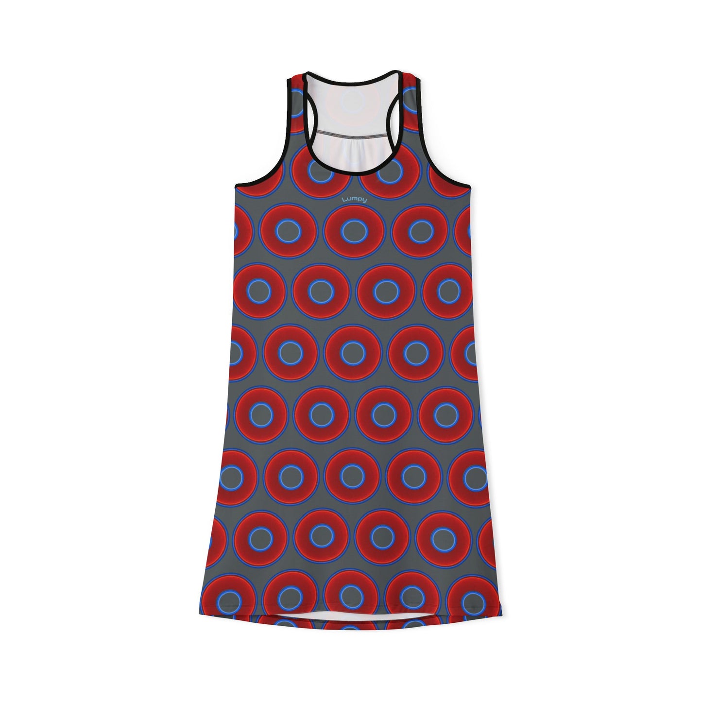 Tela's Lumpy Racerback Donut Dress - red vivid donut print w/dark gray background