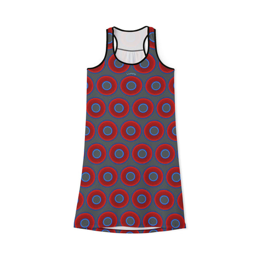 Tela's Lumpy Racerback Donut Dress - red vivid donut print w/dark gray background