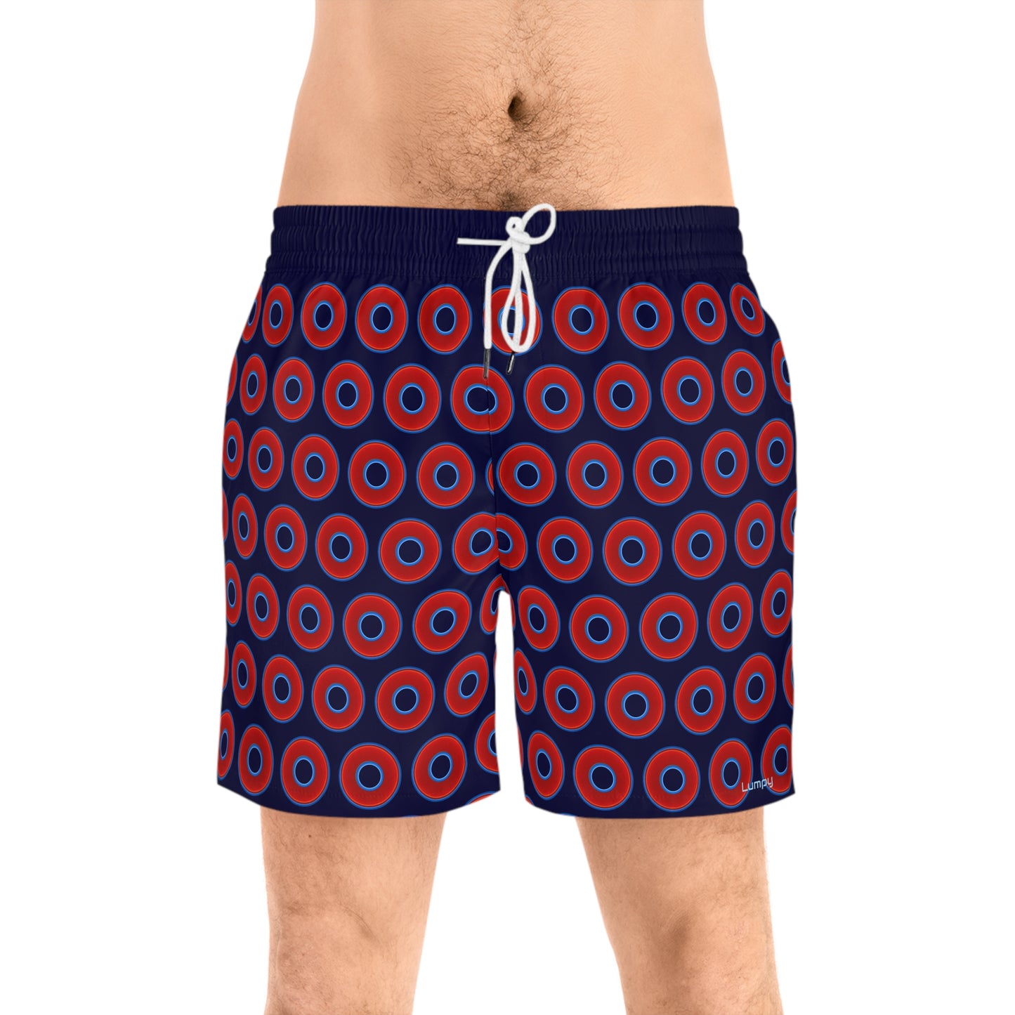 Men's Lumpy Swim Trunks - vivid red donut print w/midnight blue background