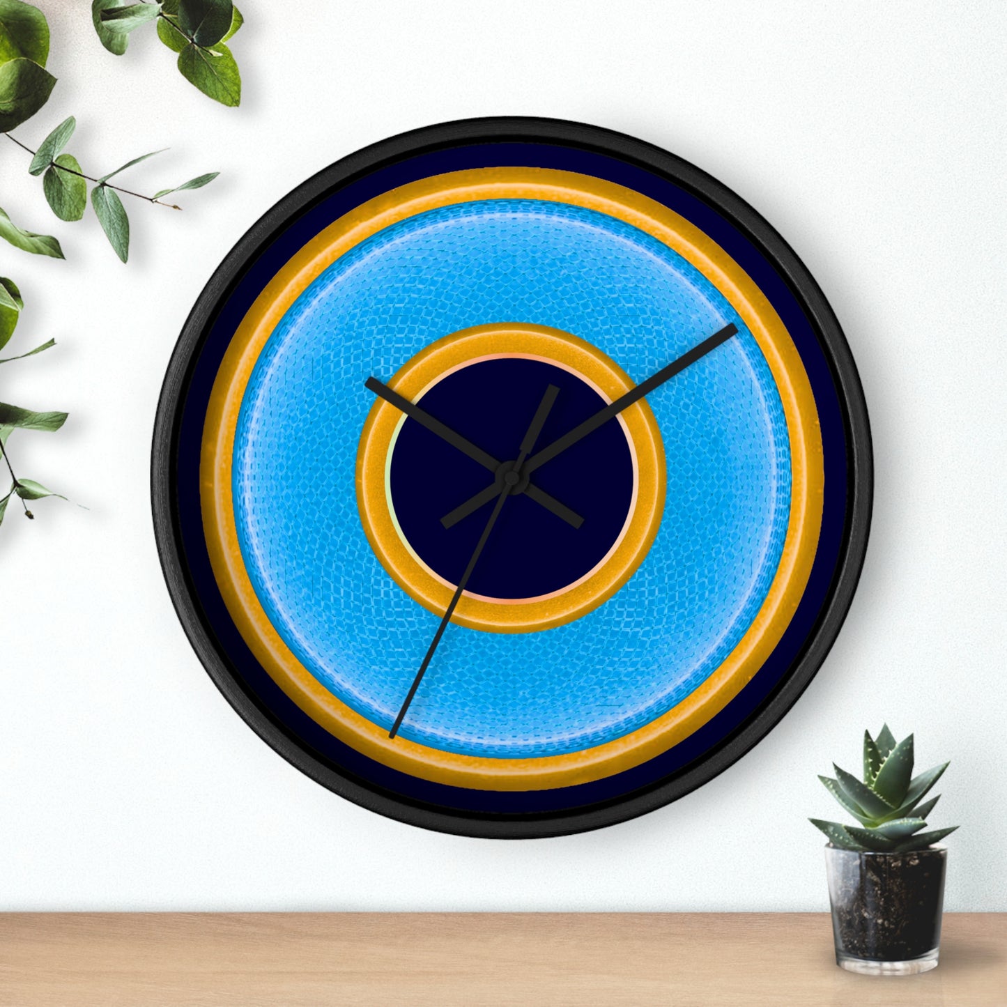 Lumpy Wall Clock - light blue rustic donut w/yellow edging - variant 7 w/midnight blue background