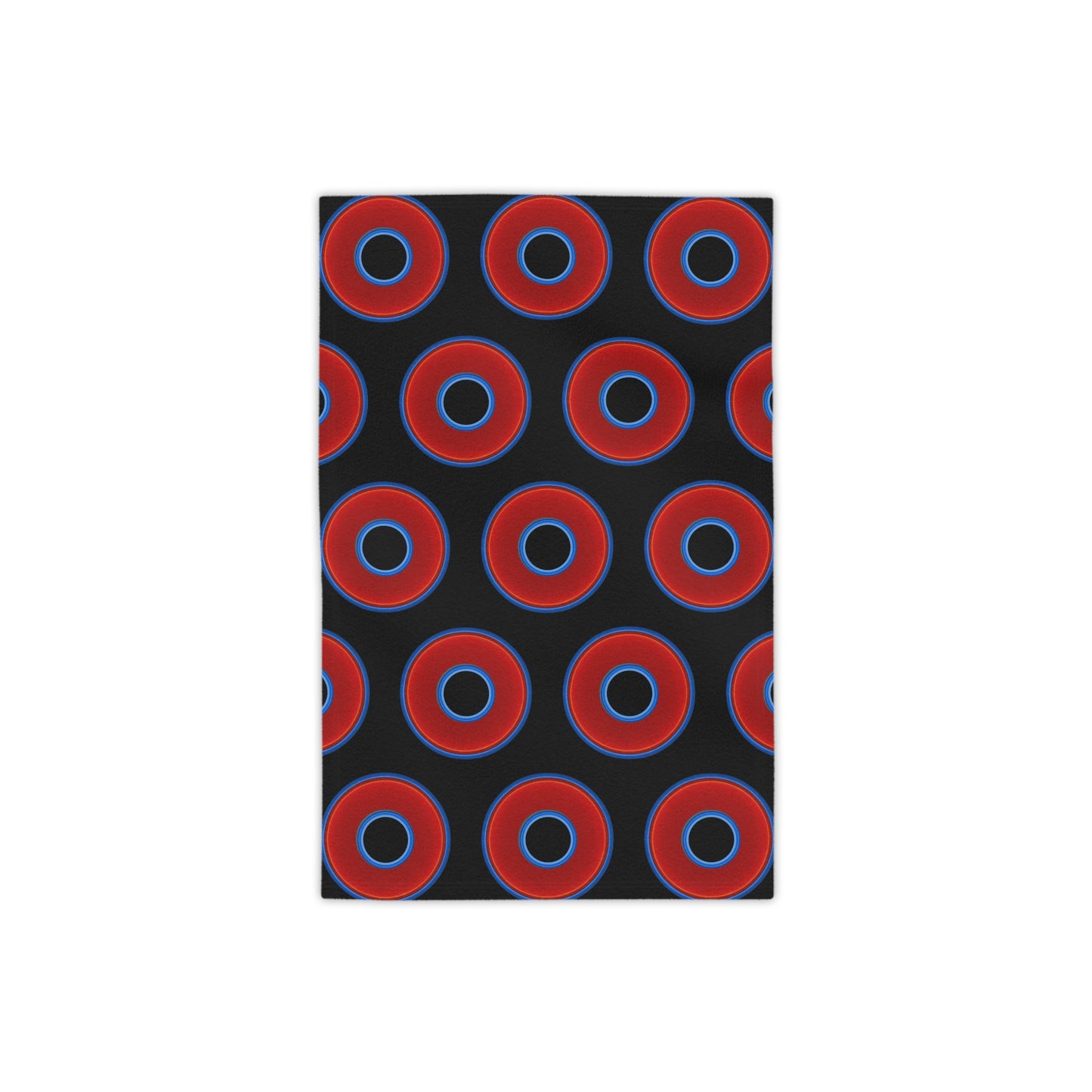Lumpy Donut Towels - vivid red donuts w/black background