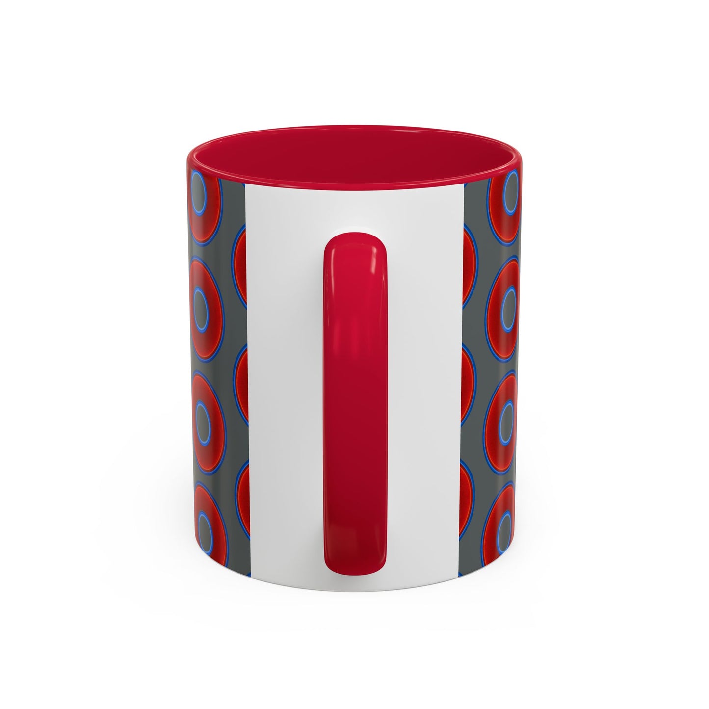 Lump's Grumpy Coffee Mug - vivid red donuts w/dark gray background