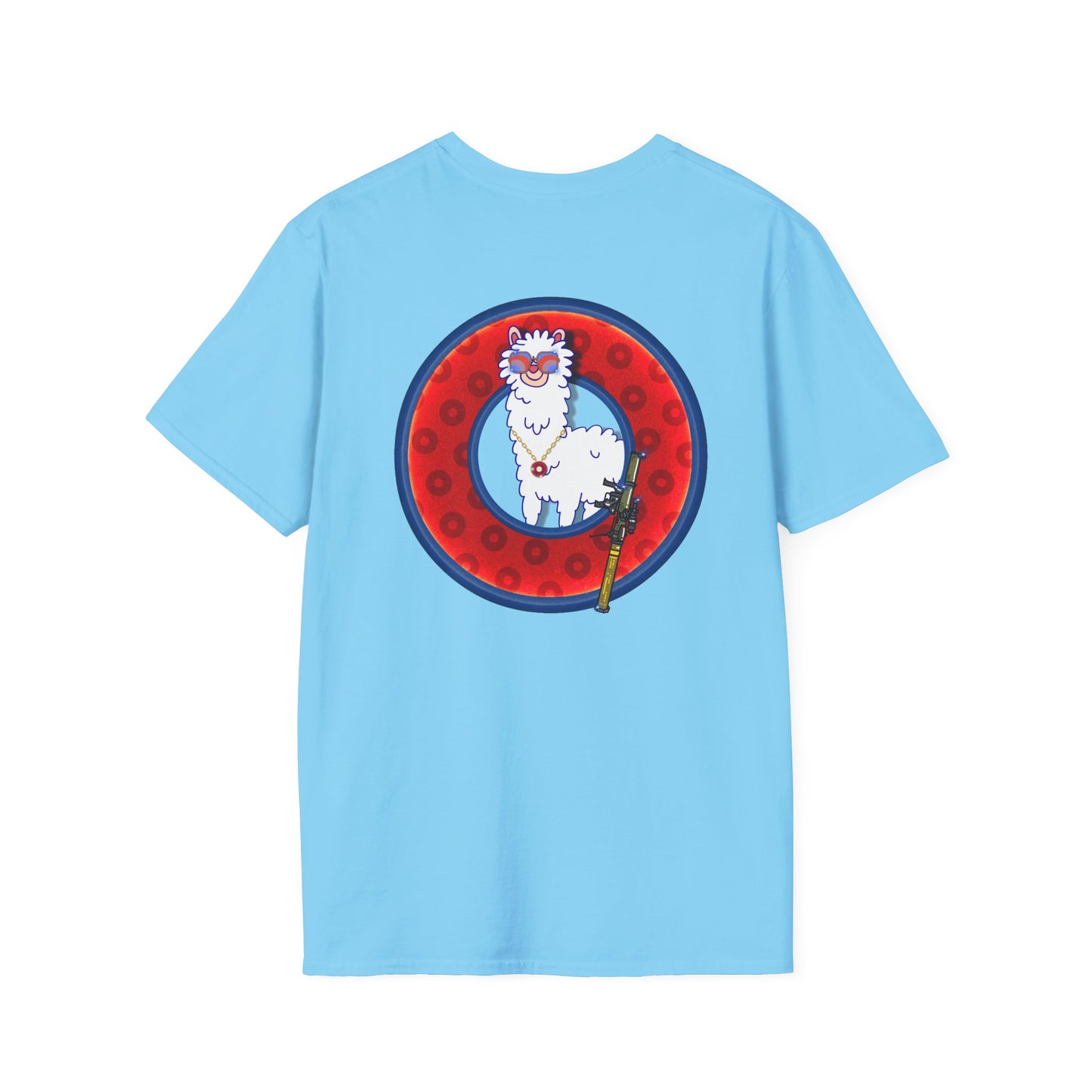 Classic Donut Tee - Unisex Soft-Style - "Medium Paced Llama Donut" - red/blue widemouthed paradox donut